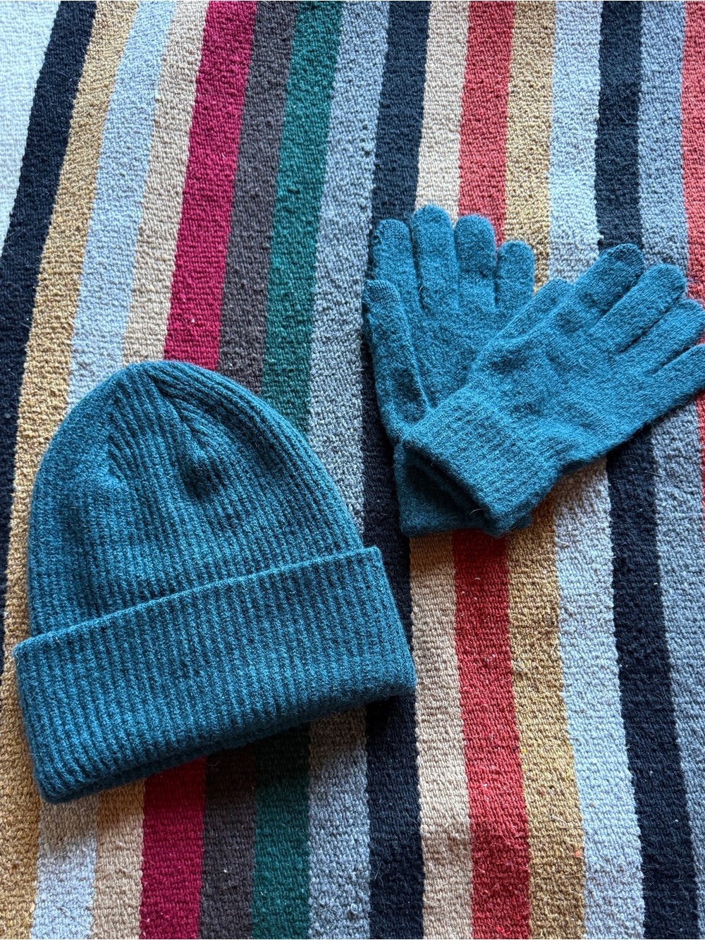 Teal Knit Matching Beanie and Gloves